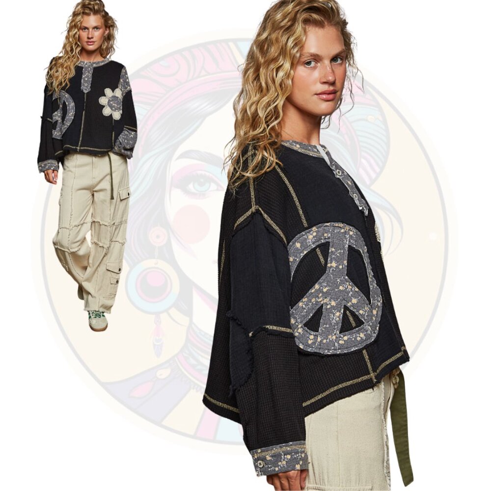 T642 POL Black Long Sleeve Peace Floral Gauze Patterned Top - Picture 2 of 3